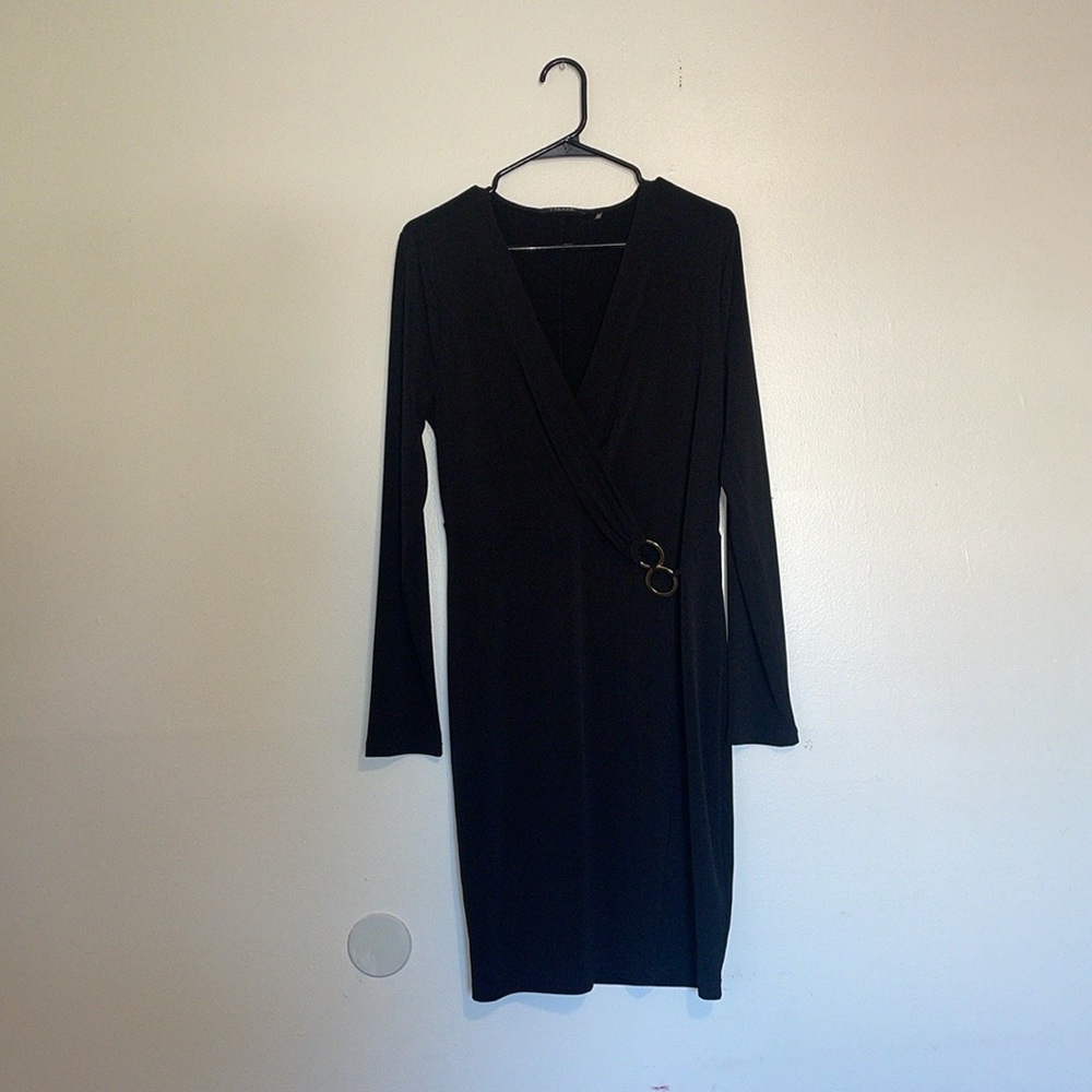 Tahari | Black Belted V-Neck Stretchy Long Sleeve Midi Dress
